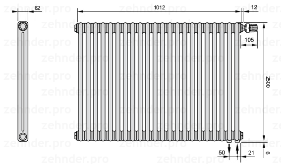 Схема (чертеж) Радиатор Zehnder Charleston 2250/22 №V002 Белый глянцевый RAL 9016
